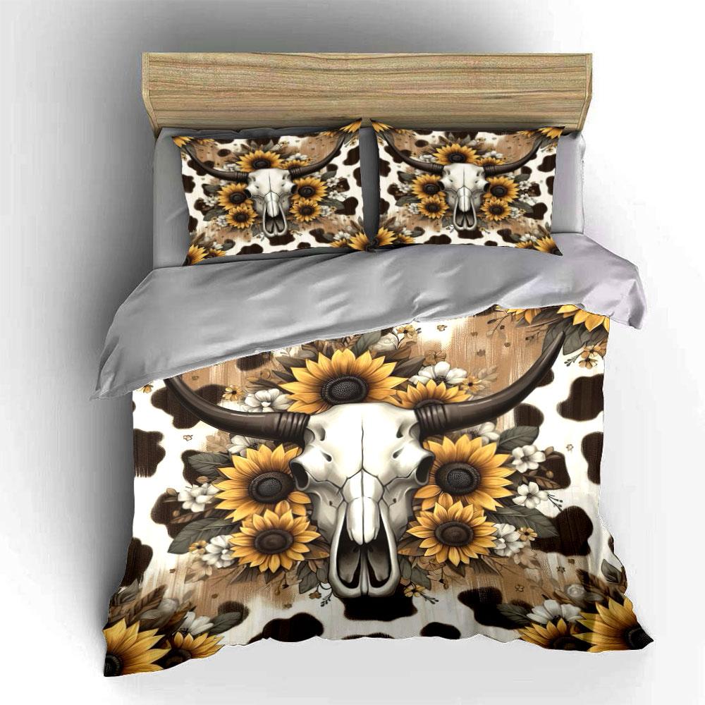 Cow Skull & Sunflower Pattern Bedding Duvet Cover Set Duvet Cover Pillowcases (1 * Duvet Cover 2 * Pillowcases, Without Duvet Insert)