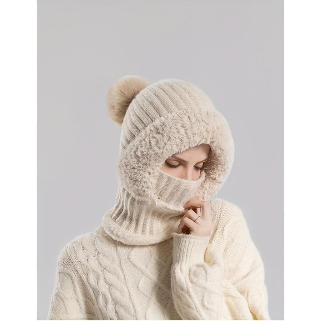 Women's Winter Hat Face Mask and Plush Earrings - Soft and Warm Full Face and Head Cover- Soft Fleece Lining Women's Winter Hat
