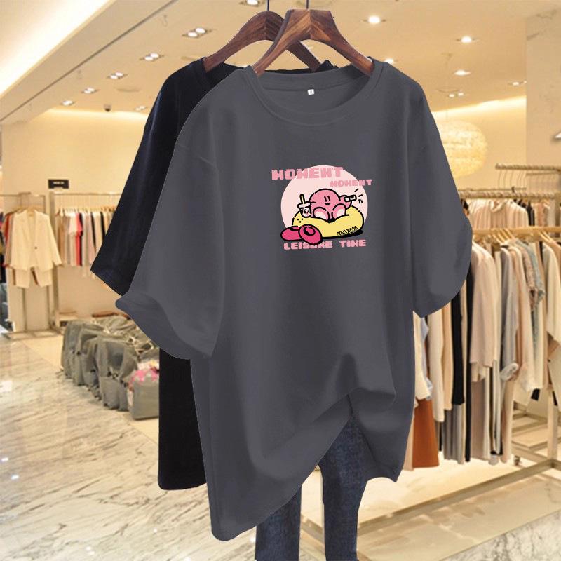 Wine Red Cartoon Short Sleeve T-Shirt - Women's Korean Style Loose Summer 2026 Trendy Top