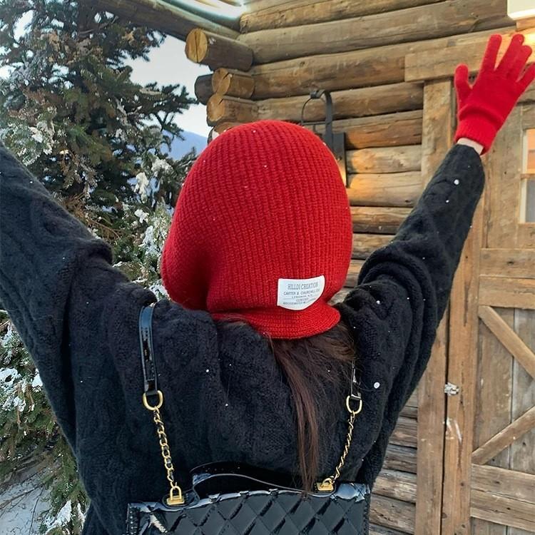 Red balaclava hat women's autumn and winter warm wool hat scarf integrated hooded scarf knitted hat winter