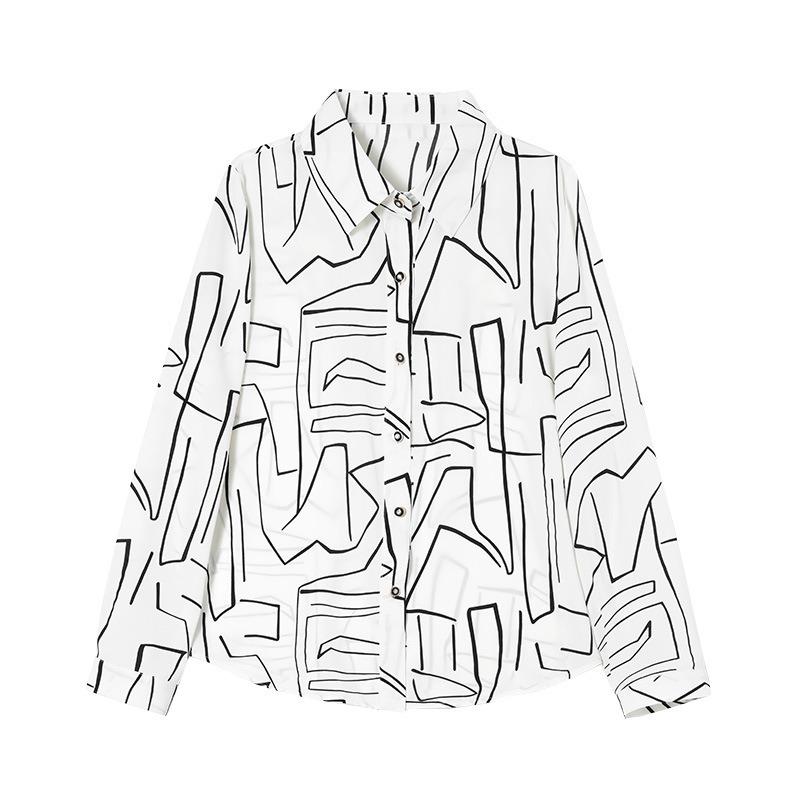 Damen Frühlings Weiß Schwarz Geometrischer Druck Hemd Revers Langarm Satin Arbeits Oberteil