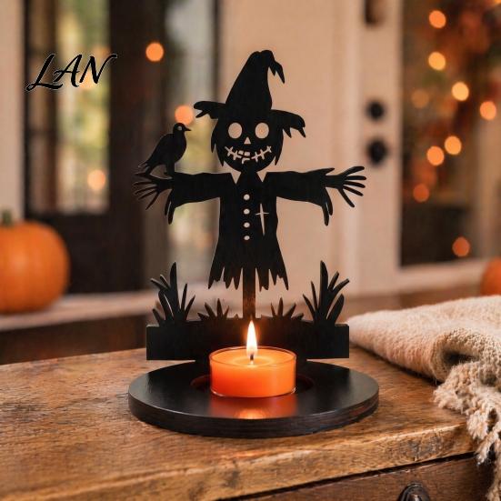 Spooky Pumpkin Tea Light Decor Halloween Wooden Candle Holder, Black Hollow Crow Spider Tealight Display Party Atmosphere Stand, Gothic Silhouette