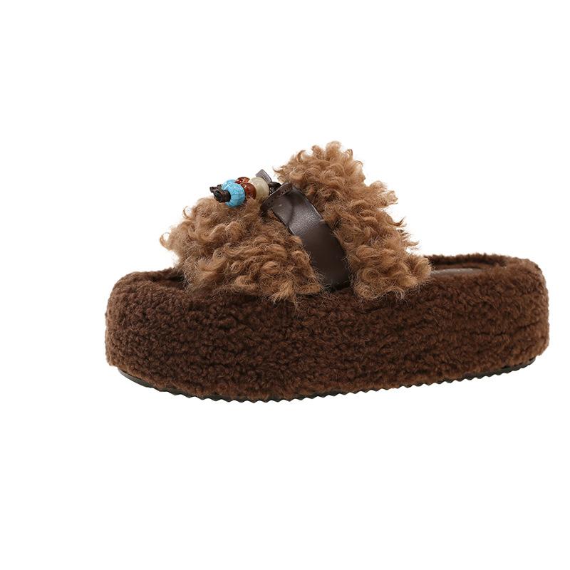 Thick-bottomed Imitation Lamb Wool Slippers Women's Outer Wear Velvet Warm Non-slip Internet Celebrity Autumn and Winter Fluffy Cotton Slippers