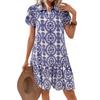 Blue Flower Print Women Dress Elegant Sweet Casual Short Sleeve Loose A-Line Dress Oversized Summer Beach Dress Female Sundress