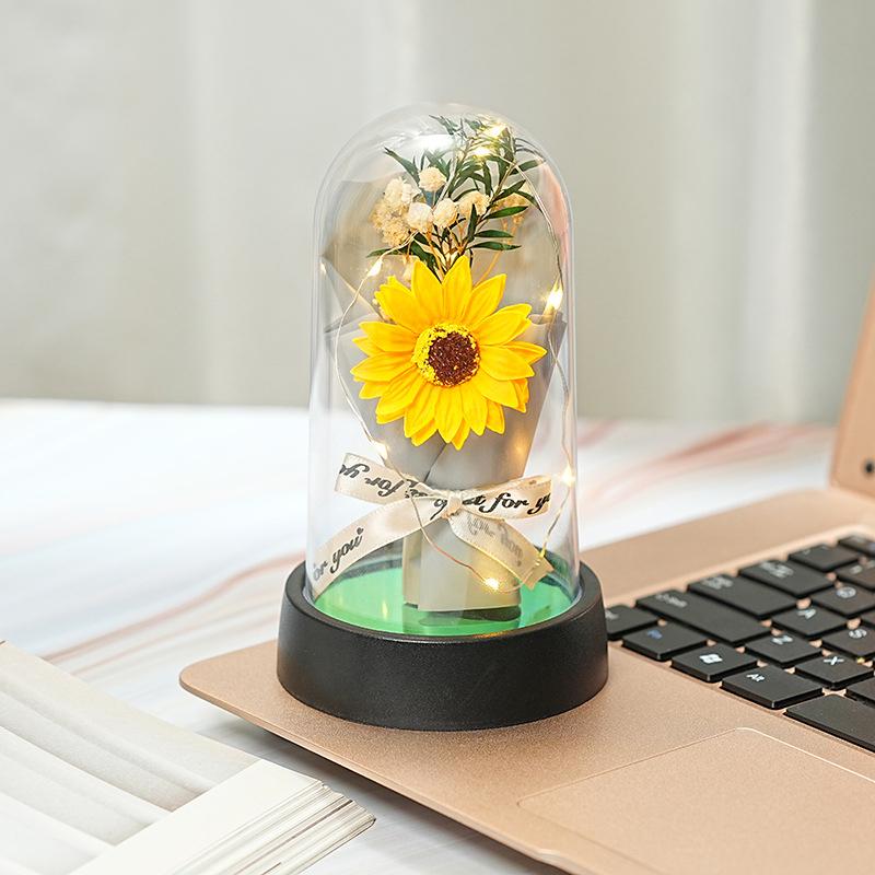 1 Set Valentine'S Day Christmas Home Decor Gift Everlasting Rose Led Acrylic Dome Bouquet Romantic Illuminated Ornament