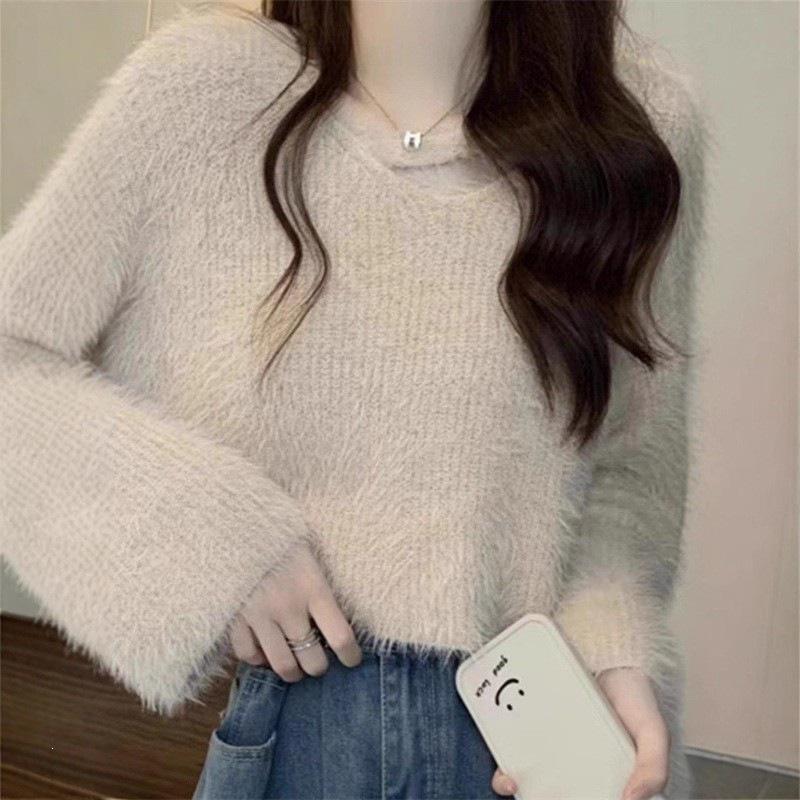 Autumn/Winter Faux Mink Velvet Women's Long Sleeve Knit Sweater - Soft, Loose, Lazy Style