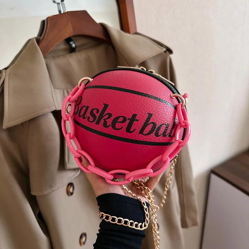 Personality Graffiti Round Ball Bag For Women PU Leather Crossbody Acrylic Chain Handbags and Purses Female Basketball Bag
