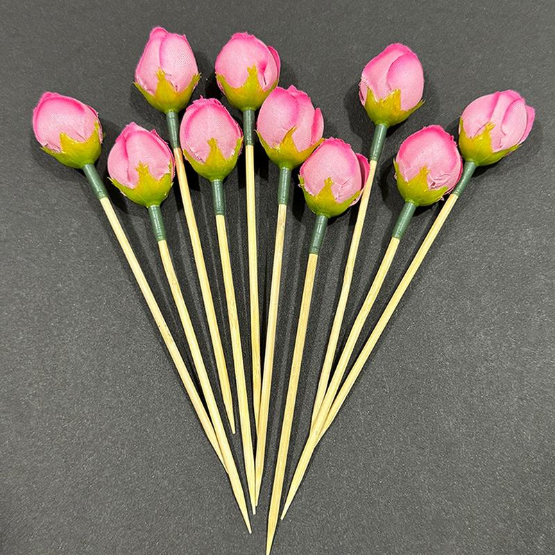 10Pcs Flower Bamboo Sticks Cake Topper Tulip Pod Cocktail Picks For Appetizers Fruit Sticks For Wedding Birthday Dessert Decor