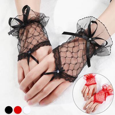 Women Bow Ribbon Evening Party Short Gloves Solid Color Half Palm Design Fashion Accessories Lace Mesh Fancy Ball 1Pair
