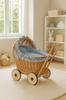 Wicker Doll Pram Pushchair With Bedding Dirty Blue And Soft Lining Chiara - Natural
