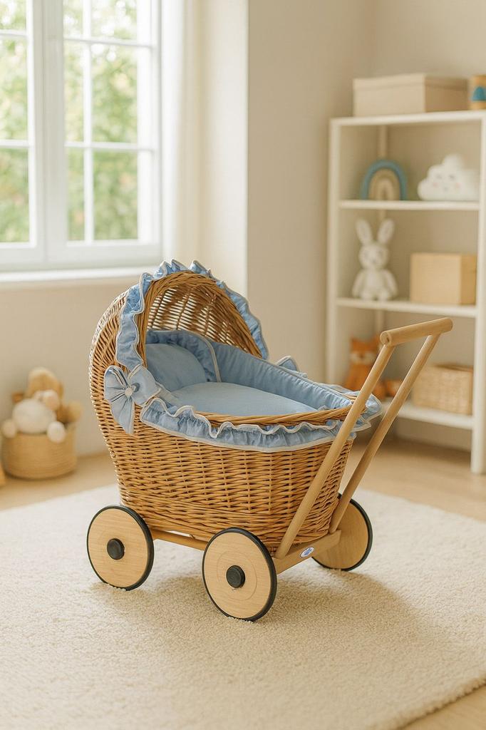 Wicker Doll Pram Pushchair With Bedding Dirty Blue And Soft Lining Chiara - Natural