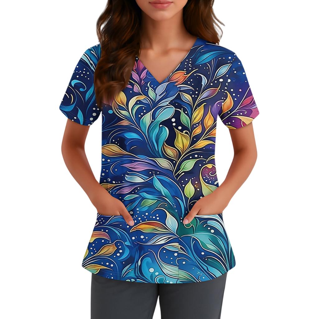 Women's Cute Bow Printed Work Clothes V-neck Double Layer Pockets Basic Short Sleeve Top Pullover