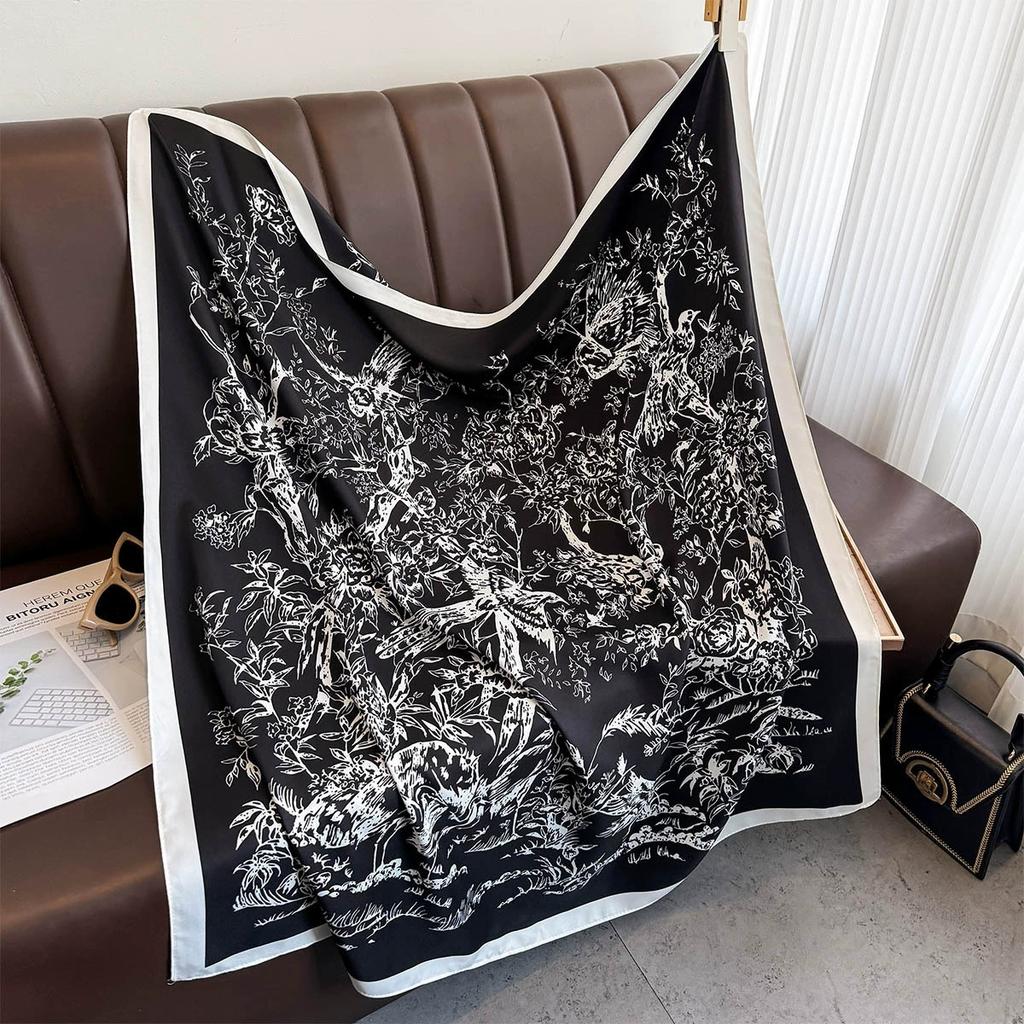 French Retro Women Printed Square Scarves Head Echarpes Twill Silk Foulards Femme Wraps Beach Shawls Bandana Lady Hijabs 90CM