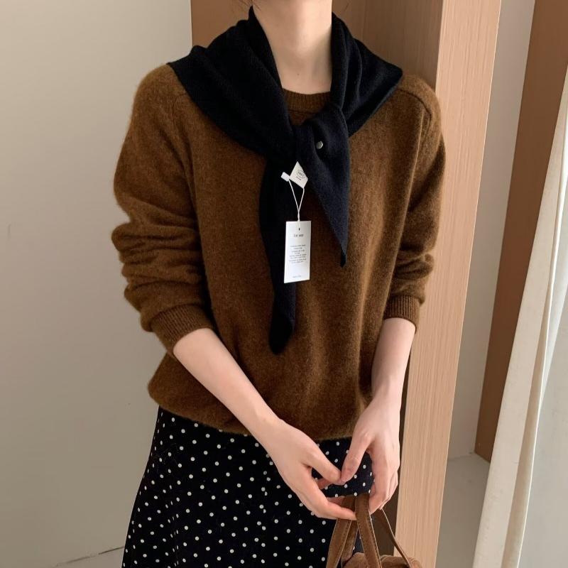Korean Versatile Knitted Triangular Scarf Women Autumn Winter Wool Blend Solid Simple Small Shawl Female Stylish Woolen Wrap