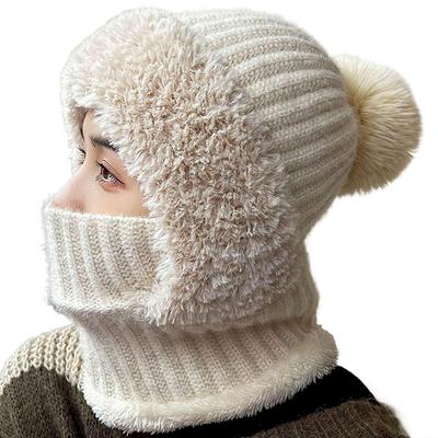 Womens Knit Beanie Hat Fleece Lined Winter Scarf Mask Set Snow Caps Plush Earmuff Skull Hats with Pompom