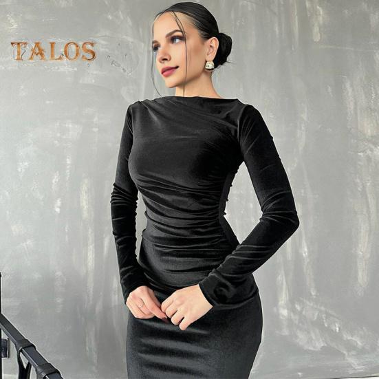 Lady Evening Dress Slim Fit Pleated Bateau Neck Long Sleeve Pure Color Midi Dress Sheath Calf Length Prom Cocktail Party Dress