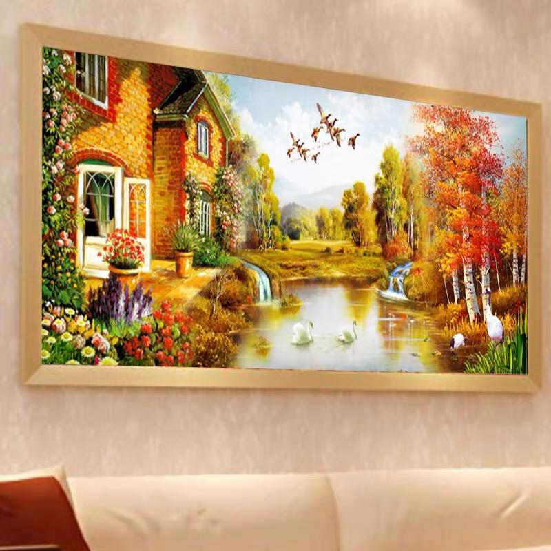 5d Diamonds Are Painted Allover, Bringing In A Continuous Flow of Wealth. The New Style of Brick and Stone Cross-stitch Shows A Large Living Room View