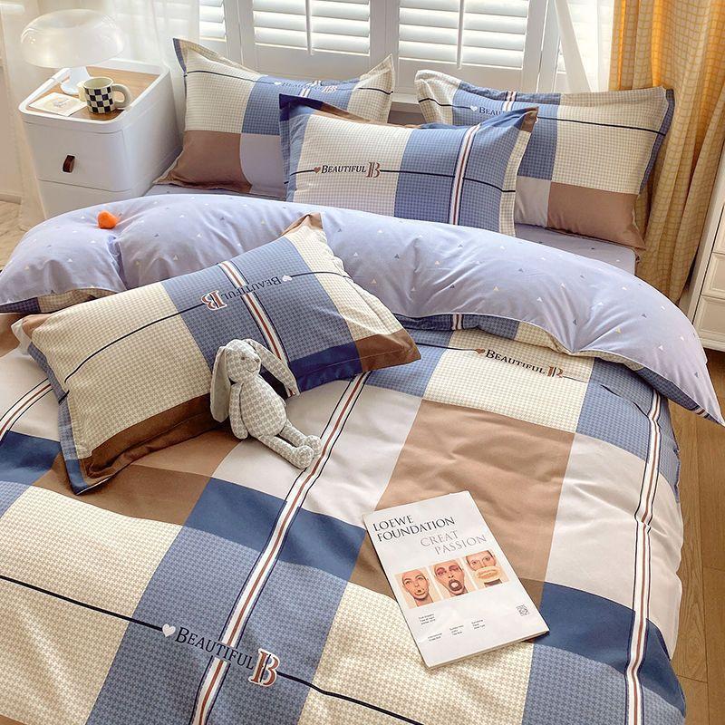 Vierteiliges Bettwäsche-Set, Bettwäsche, Gewaschene Baumwolle Sandgestrahlt Verdickter Bettbezug, Stepplaken, Studentenwohnheim Einzelbettbezug Dreiteiliges Set