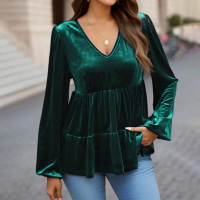 Women Tops V-Neck Lantern Long Sleeve Solid Color Pullover Tops Ruffle Stitching Hem