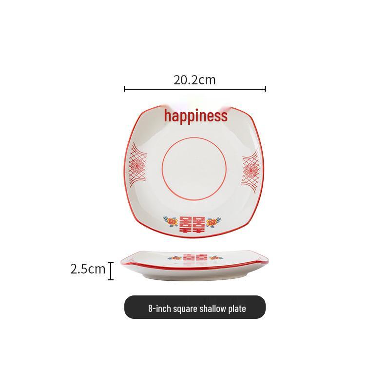 Set di Piatto Rotondo Rosso Ceramica Retrò Doppia Felicità - Piatto Basso, Piatto Piatto, Piatto per Hot Pot, Piatto per Carne, Piatto per Salsa e Piatto per Pesce per Tavola da Ristorante.