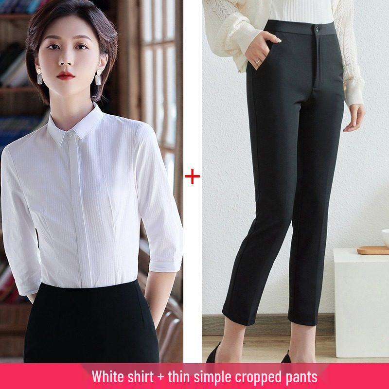 Women's Blue Striped Slim-Fit Work Shirt with Mid-Length Sleeves for Spring/Summer