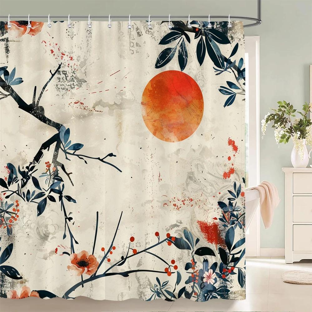 Japanischer Stil Blumen Vogel Duschvorhang Abstrakt Berg Rot Floral Pflanze Tuschekunst Landschaft Stoff Dekor Badezimmervorhänge
