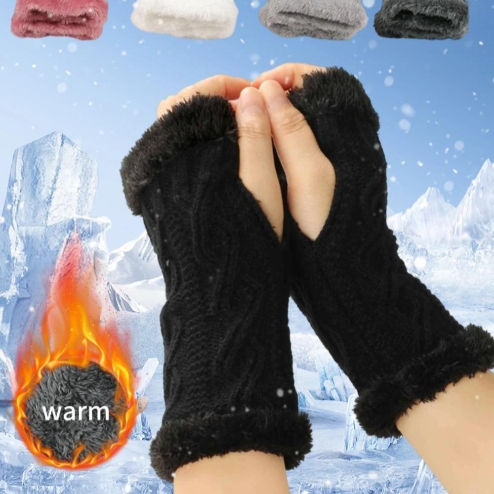 Women's Short Sleeve Winter Fluffy Gloves Soft Warm Half-Finger Knitted Elastic Sleeve Covers  for Cold Weather Fingerless Glove