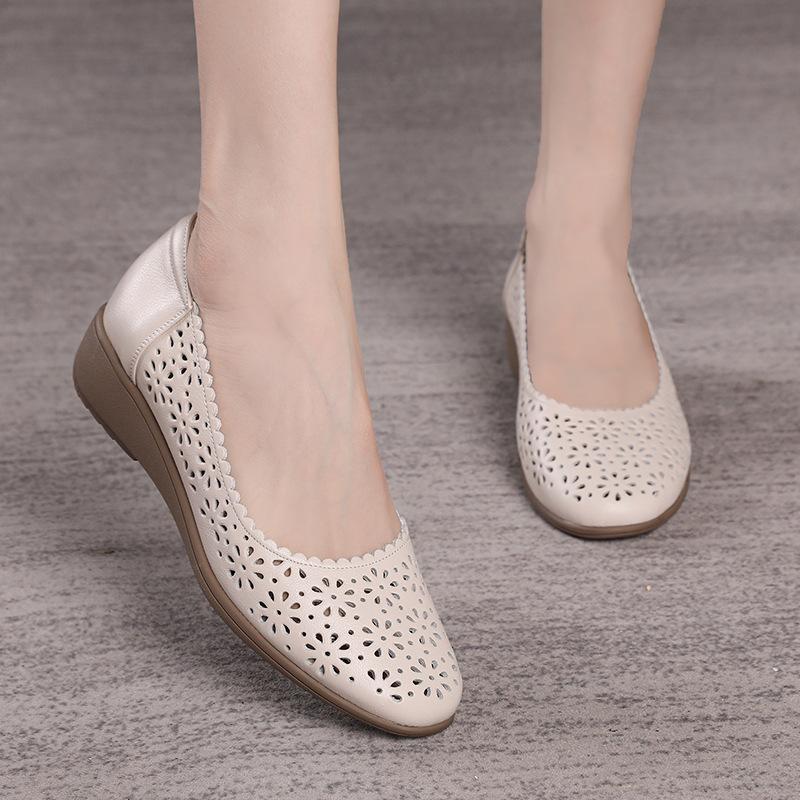 Fashion GKTINOO White Genuine Leather Ladies Breathable Summer Shoes Women Flats Slip-On Loafers Round Toe Soft Flat Shoes Casual