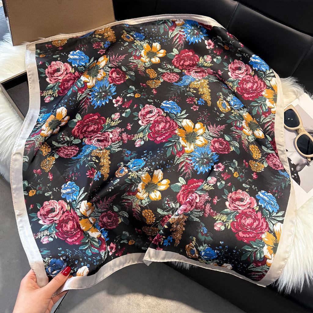 70Cm Silk Scarf Women'S French Elegant Small Floral Print Scarf Small Square Scarf With Headscarf