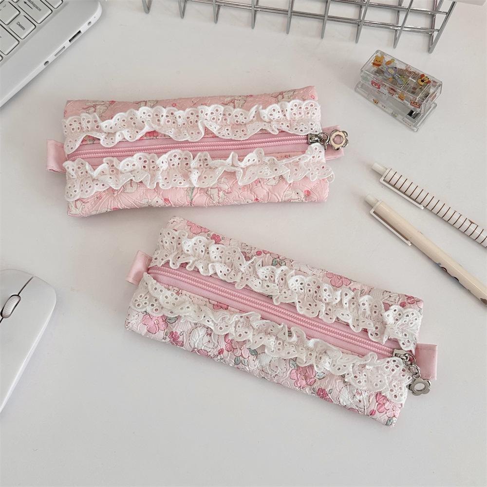 Floral Lace Quilted Pencil Case: Large Capacity, Portable Stationery Bag for Girls