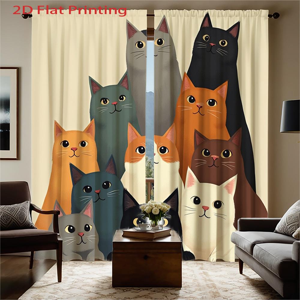 

2D Flat, 2Pcs, 2D Flat Printing Curtains, Multicolored Cats Pattern. Home Decor Animal Themed Soft Colorful Rod Pocket Sheer Fab 53x116cm 2pc21x46in&Without mount