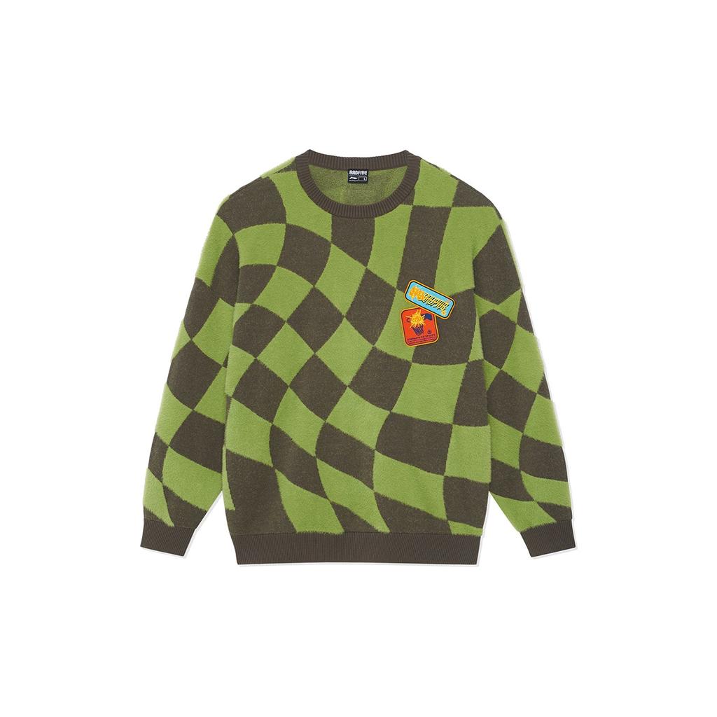 Li Ning Badfive Woven Long Sleeve Crew Neck Checkered Sweater Men sweater Military-Green Fresh-Moss-Green AMBS149-1