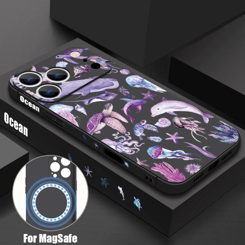 Magnetic For Magsafe Case For iPhone 17 Pro Max Fantasy Ocean Line Whale Print Soft Silicone Phone Back Cover For iPhone 16 15 14 13 Pro Max 16e 17e