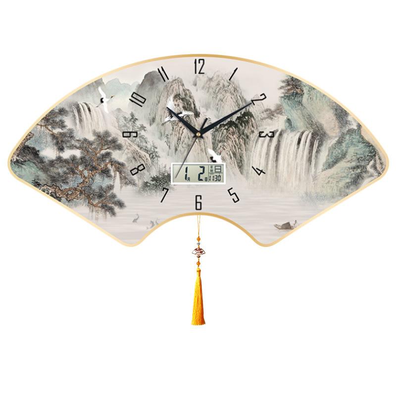 New Chinese Style Silent Wall Clock Home Living Room Wall Quartz Clock Bedroom Wall Clock Calendar Clock Fan-shaped Creative Clock