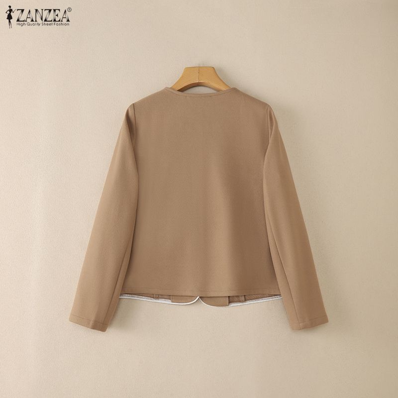 ZANZEA Women Elegant Color Block Round Neck Long Sleeve Thin Cardigan Woolen Jackets
