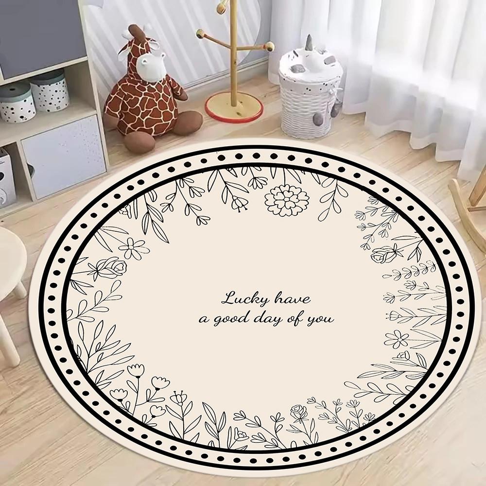 Round Carpet with Happy Day Text and Black Floral Pattern for Kids Room Nursery Decor Soft Cozy Floor Mat Non-Slip Rug Gift