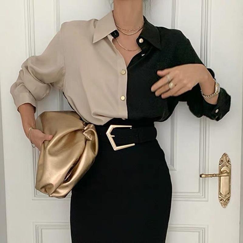 Elegantní halenka šifonová košile na knoflíky dámská černá kontrastní dlouhý rukáv vintage top luxusní kardigan 90. léta dámské oblečení
