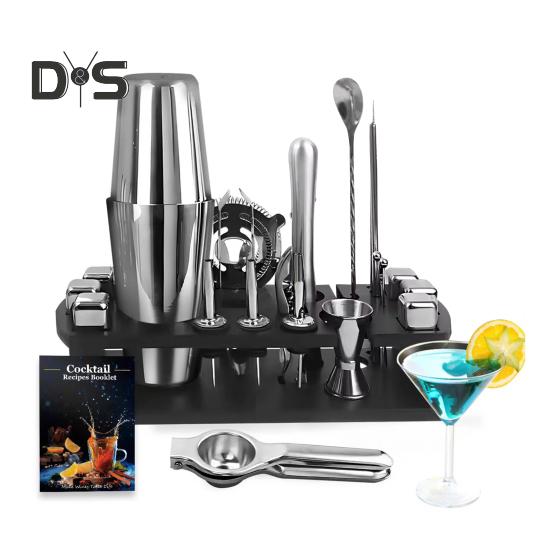 

Набор для бармена из 23 предметов с подставкой, серебряный коктейльный шейкер, набор для смешивания напитков, шейкер для мартини, джиггер, стрейнер, миксер, ложка, щипцы, открывалка из нержавеющей стали Sets