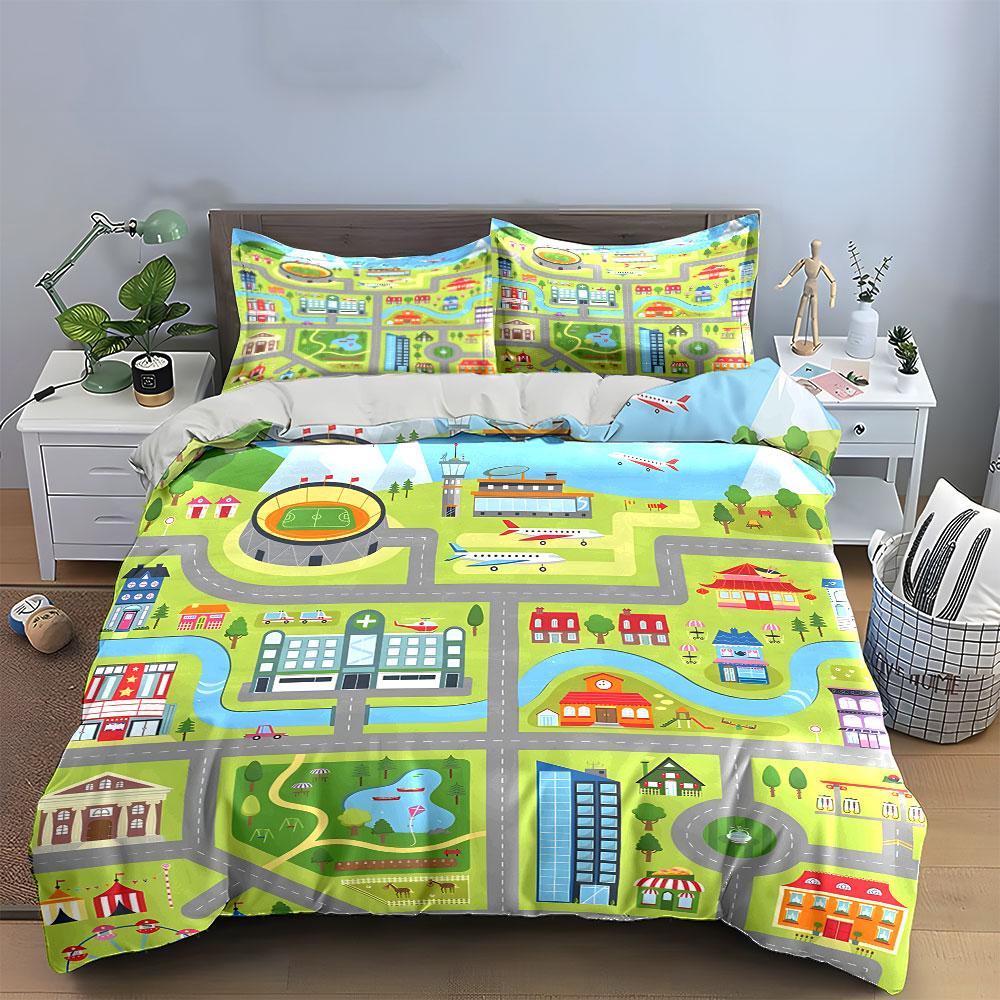 City Map Playmat Set For Kids Multiple Sizes Kid'S And Adults' Bedroom Exquisite 3Pc Bedding Set, Gift