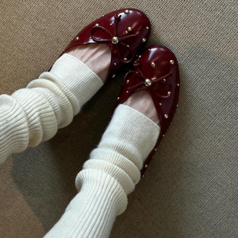 Fashion Women's Fashion Flat Shoes Spring New Round Head Shallow Mouth Rivet Butterfly Knot Soft Sole Waterproof Non-slip Single Shoes