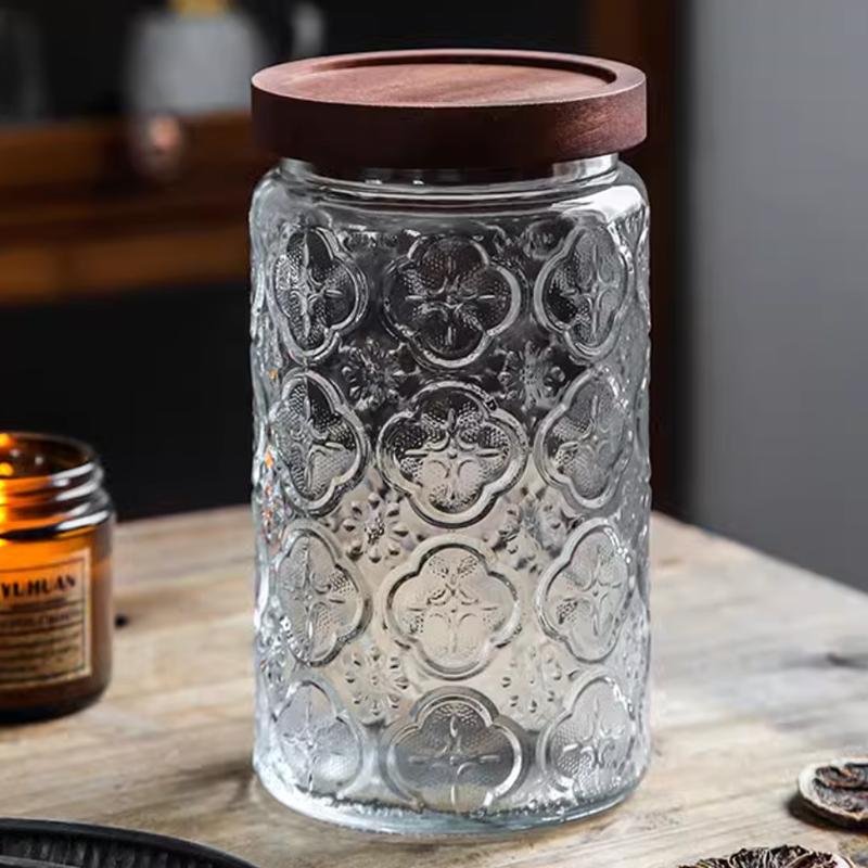 Wooden Covered Relief Glass Container Storage Bottle, Food Storage Container, Coffee Beans, Nuts, Sealed Storage Jar, Candle Jar