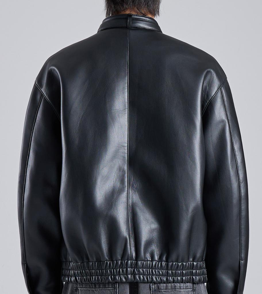 Button Seoul Vegan Leather Neck Webbing Point Biker Jacket (Black)