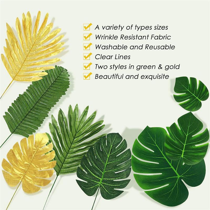 2026+ 100 Pcs Artificial Palm Leaves Tropical Leaves, Leaf Gold and Green Faux Leaves for Hawaiian Party Table Decoration