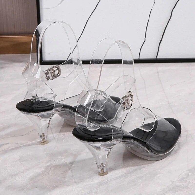 Stilettoskor för damer med lång mun Kristall Transparent korsrem Mode 7 cm Klack 1 cm Plattform WZ