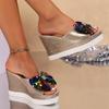 Women's Summer Wedge Platform Peep-Toe Slide Sandals With Sequined Bow Detail, Available In Large Sizes.