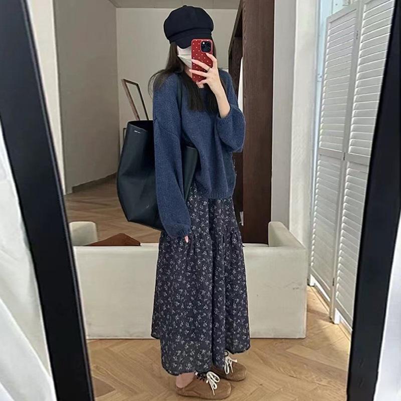 

Retro Navy Blue Floral Skirt for Women In Spring and Summer Pastoral High Waist Slim A-line Cake Skirt Mid-length Umbrella Skirt XL темно-синий