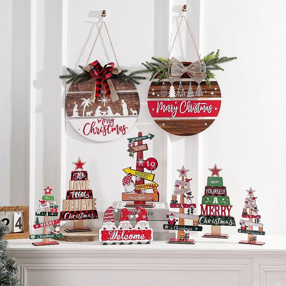 Creative Christmas Tree Desktop Decoration Wooden Letter Christmas Signs Plaque DIY Craft Santa Claus Tabletop Sign Home Decor