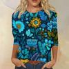 Women's Fashion Casual Round Neck Three-quarter Sleeve Retro Floral Print T-shirt Top