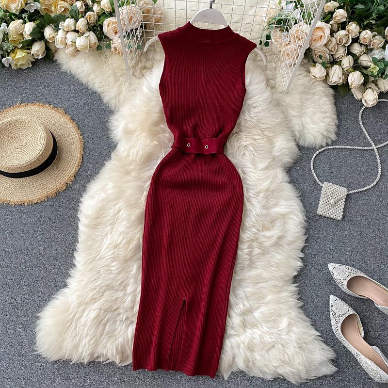 European and American stand-up collar breasted slim-fitting and thin elastic knitted vest skirt waist and thin medium and long hip-wrapped bottoming