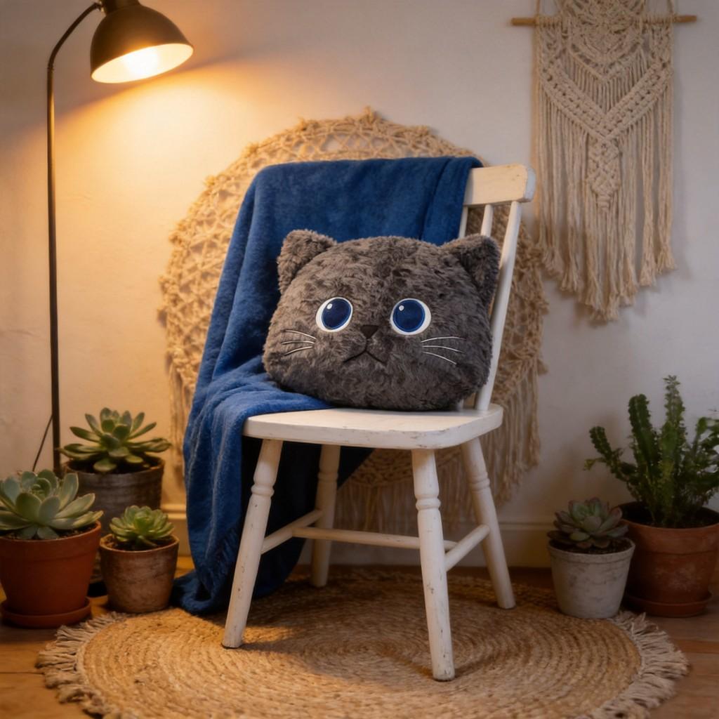 Cozy Cat Cartoon Throw Pillow Blanket With Plush Bunny Fur For Car And Home Use